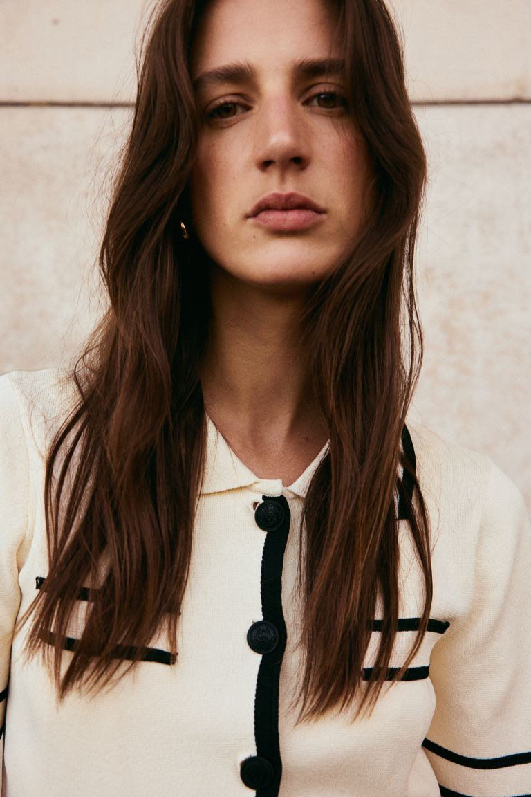 Fine-knit Cardigan with Collar - Short sleeve - Short - Cream - Ladies | H&M US | H&M (US + CA)