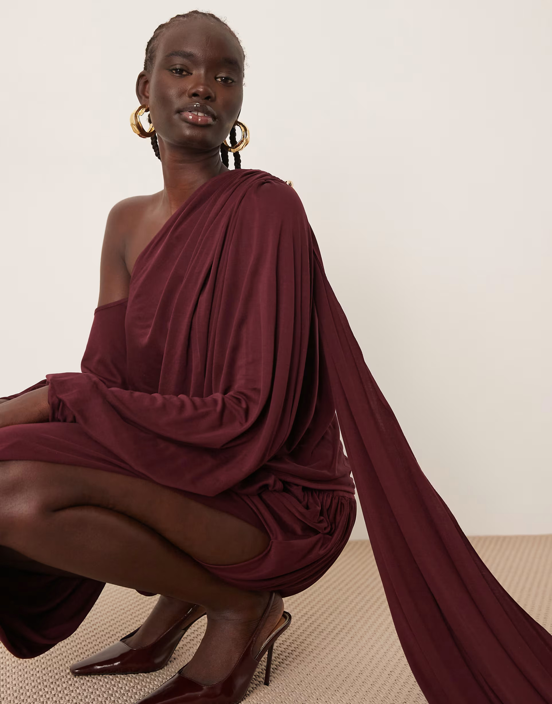 ARRANGE fallen shoulder draped midi dress with train back in burgundy | ASOS (Global)