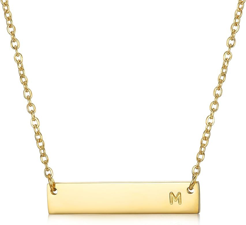 Stainless Steel Gold Tone Initial Bar Necklace Alphabet Pendant Necklace 16" with 2" Extender Mot... | Amazon (US)