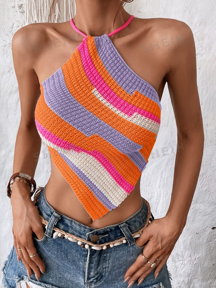 SHEIN VCAY Colorblock Crisscross Backless Knot Hanky Hem Halter Knit Top | SHEIN