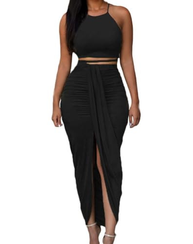 HUUSA Women's Sexy 2 Piece Skirt Sets Elegant Bodycon Maxi Dress Sleeveless Tank Shirt Tops High ... | Amazon (US)