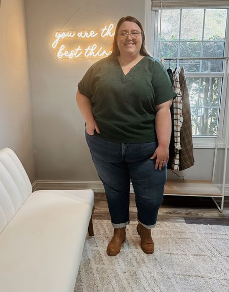 Plus size fall look from Madewell! Use code HOUSEOFDOROUGH20 now through 11/16 for 20% off!! I'm wearing a 4X in this corduroy v-neck top. This is a beautiful top, but the fit wasn't right for me. The back has a button-up detail - I found the waist to be more roomy but the bottom of the top was really tight in the hips on my body type. Wearing a size 28 in the Perfect Vintage Jean in Manorford Wash - these have a little stretch and are a more relaxed fit. I cuffed them, but they can be uncuffed! I paired this Madwell look with a pair of the Lane Bryant Dreamcloud chelsea boots! 

#LTKcurves #LTKSeasonal #LTKHoliday