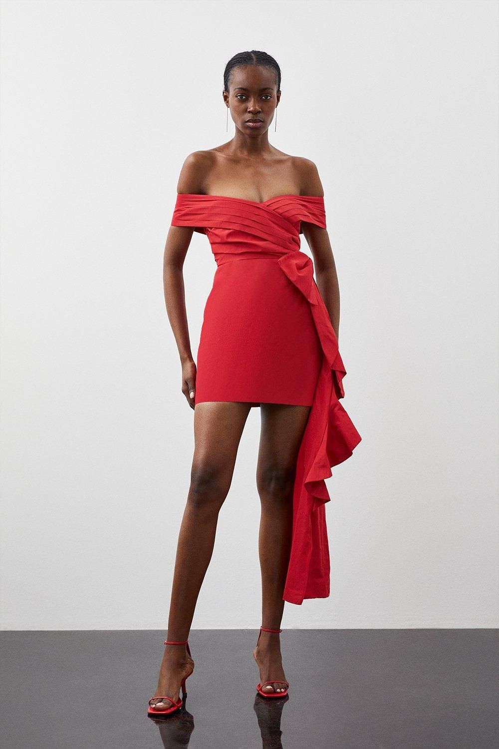 Tailored Off Shoulder Bow Drape Detail Mini Dress | Karen Millen UK + IE + DE + NL