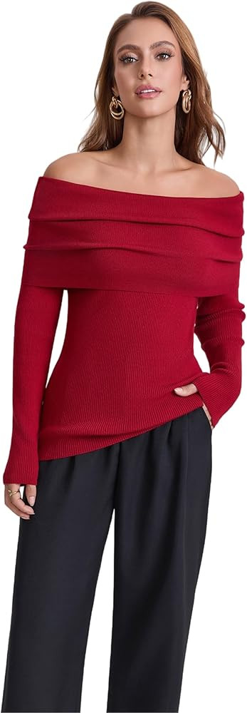 Women's Off The Shoulder Sweater 2025 Fashion Versatile Cute Long Sleeve Tops Fall Winter | Amazon (US)