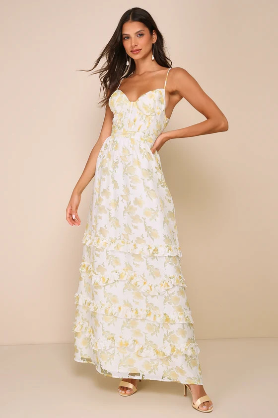 Gorgeous Occasion Cream Floral Burnout Lace-Up Tiered Maxi Dress | Lulus