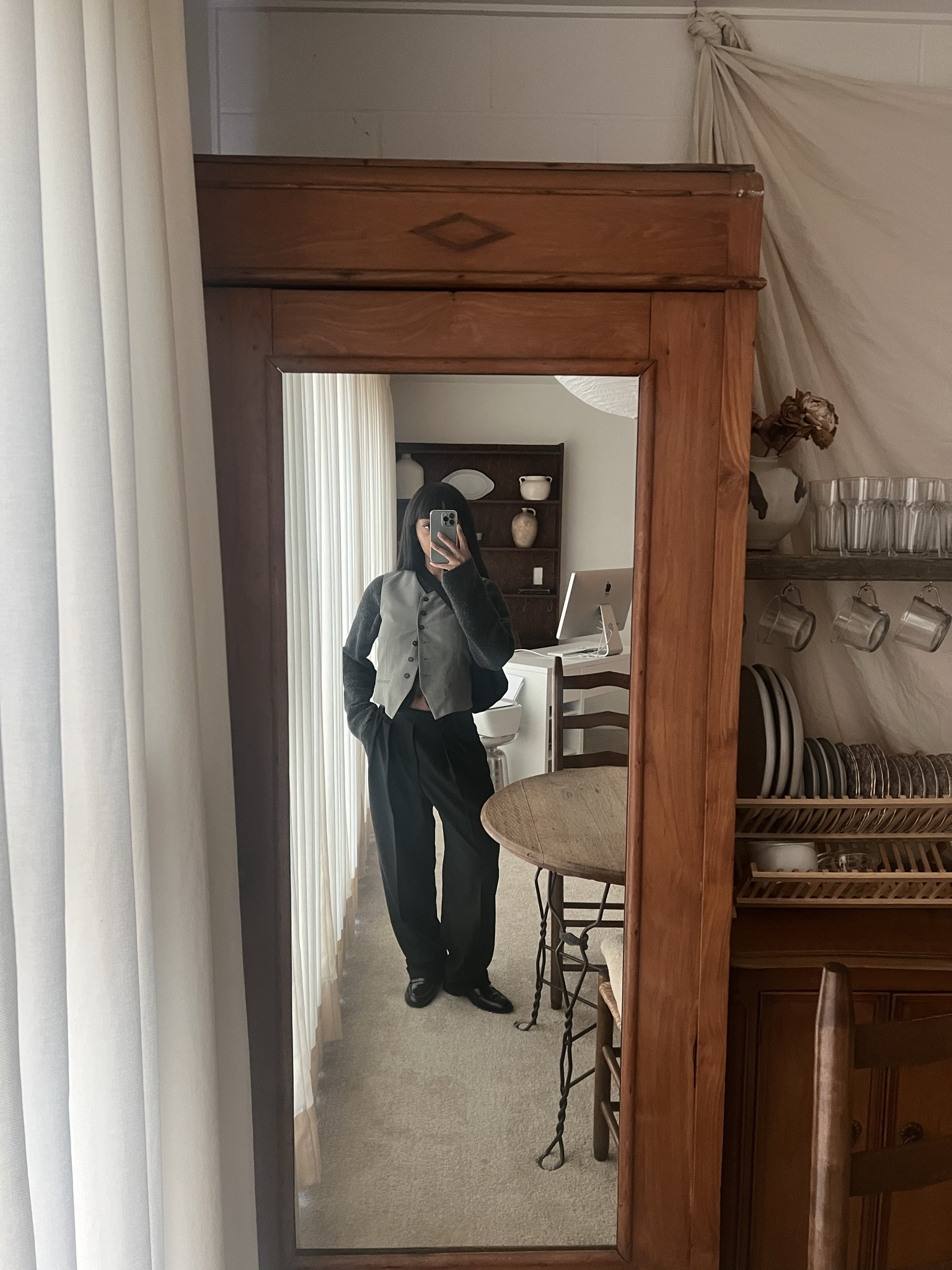 grey vast, grey sweater, black pants, black loafers, black cross-body bag. 

#LTKstyletip