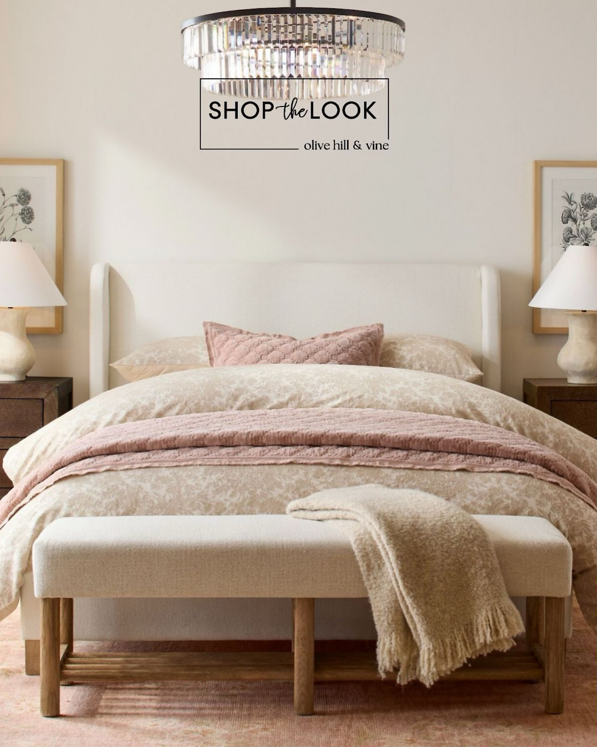 Step into timeless elegance with a bedroom styled to perfection: an upholstered bed with a tall headboard and bench, 3-drawer nightstands in rich stain with antique pulls, an ivory toile duvet, a blush quilt, and floral-framed prints that add a vintage charm. 

#LTKFamily #LTKHome #LTKStyleTip