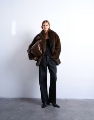 Topshop faux fur shawl mid length coat in chocolate | ASOS (Global)