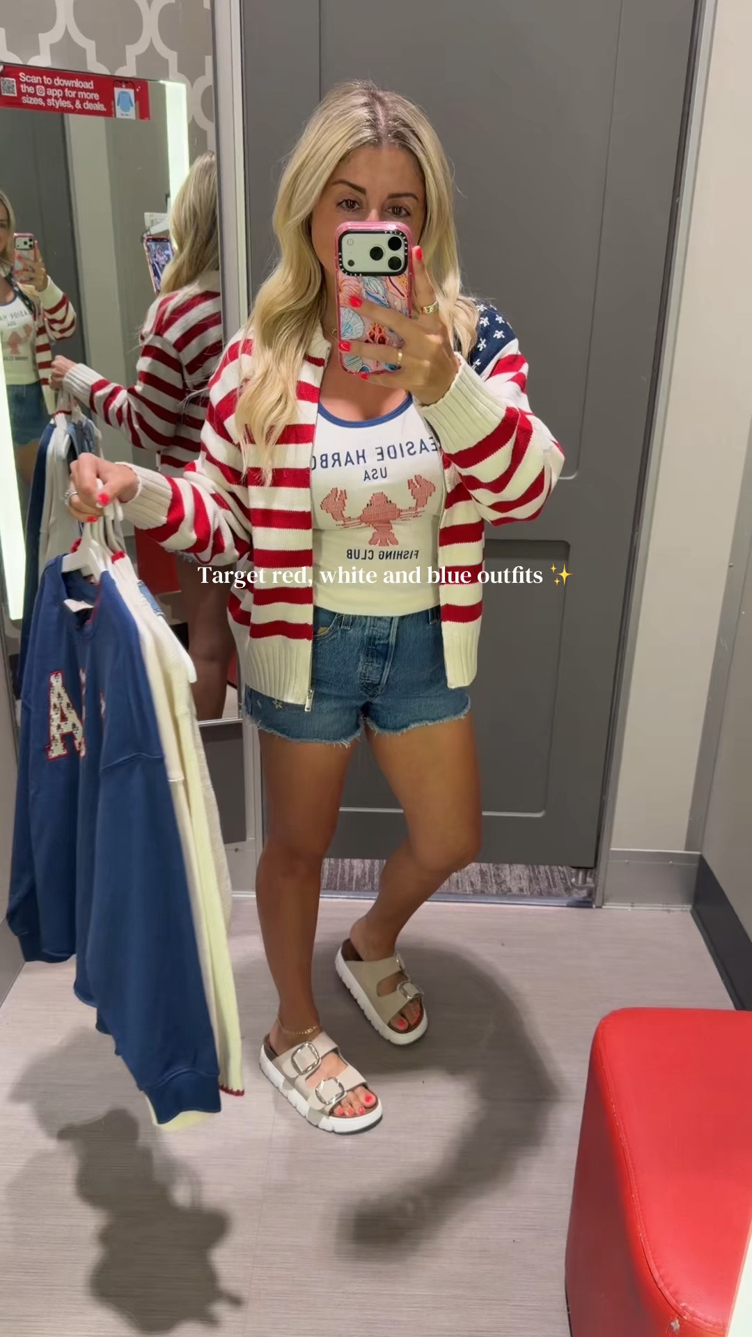 @Target red, white and blue finds I’m loving! 
Size small
Denim shorts 27
Sandals tts
4th of July