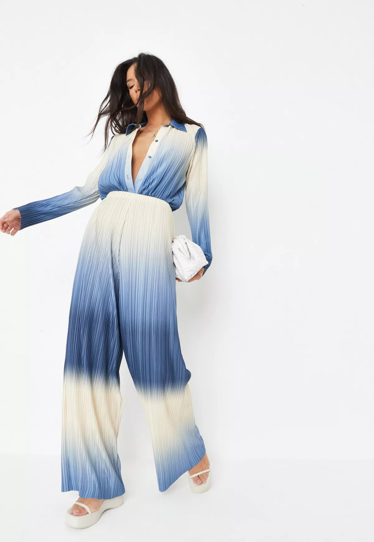 Blue Co Ord Ombre Plisse Wide Leg Pants | Missguided (US & CA)