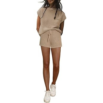Lehuanwang Women's Two Piece Outfits Sweater Sets Knit Pullover Tops and High Waisted Shorts Loun... | Amazon (US)