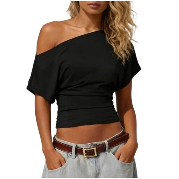 Favoffer Women Casual Tops Short Sleeve Off Shoulder Fitted Solid Slim Blouses Street Dating Dail... | Walmart (US)