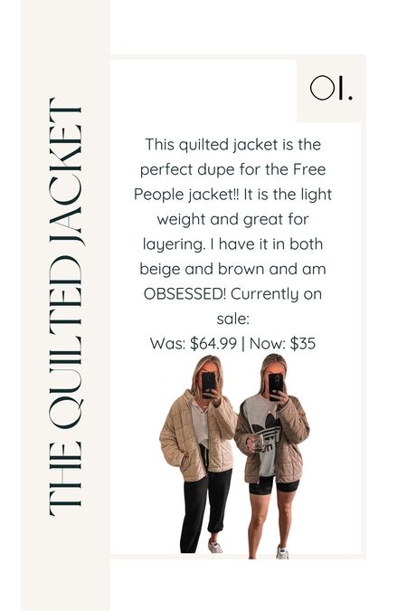 This quilted jacket is the perfect dupe for the Free People jacket!! It is the light weight and great for layering. I have it in both beige and brown and am OBSESSED! Currently on sale:
Was: $64.99 | Now: $35

Free people dupe | quilted jacket | light weight jacket | jacket | winter coat 

#LTKfit #LTKsalealert #LTKstyletip