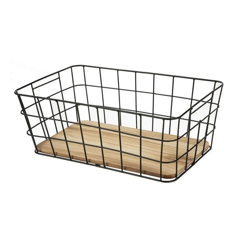 Homezone Black Handcrafted Wire Basket with Wood Board Base - Walmart.com | Walmart (US)
