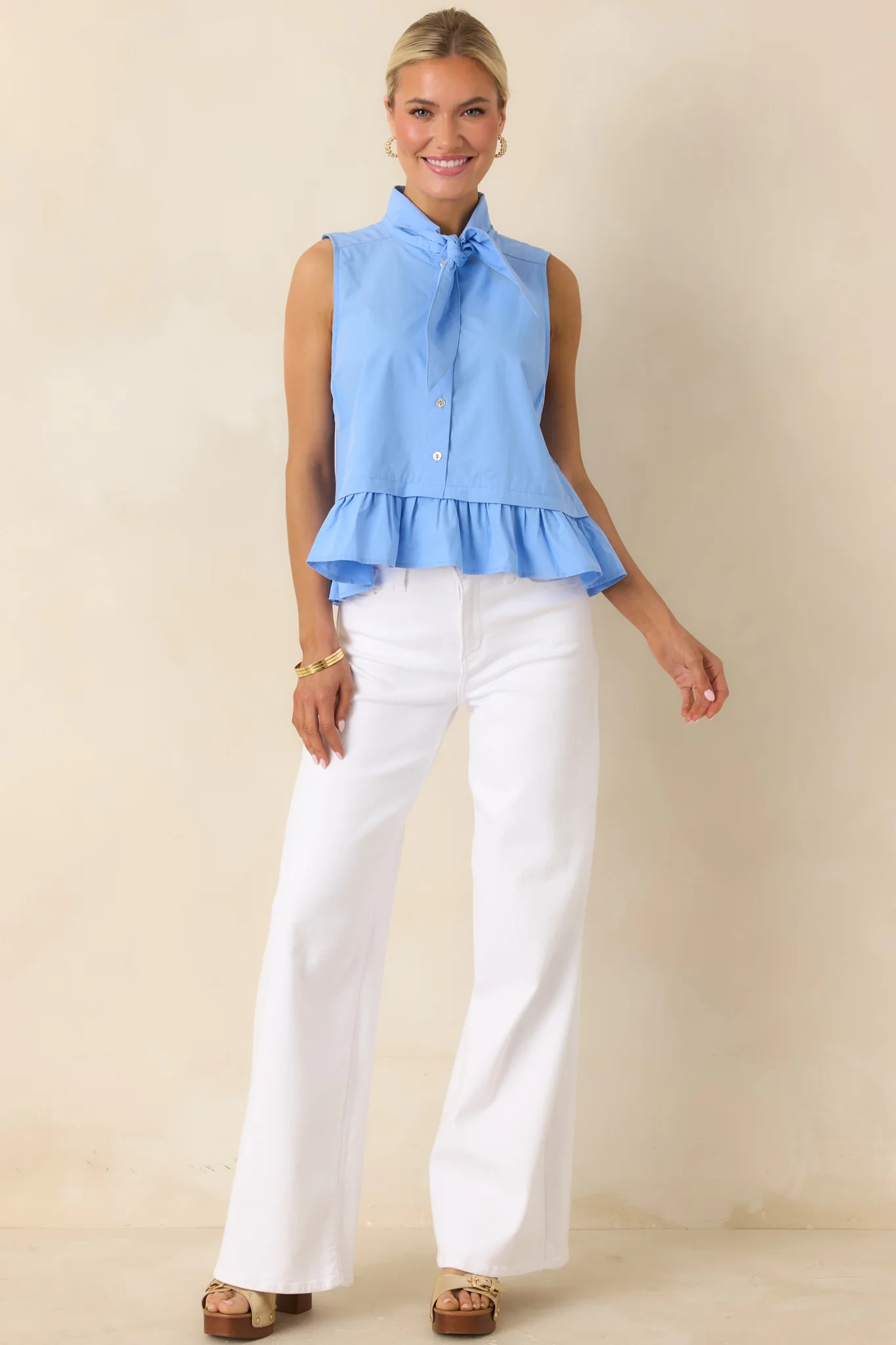 Charm School Blue Cotton Sleeveless Tie Neck Top | Red Dress