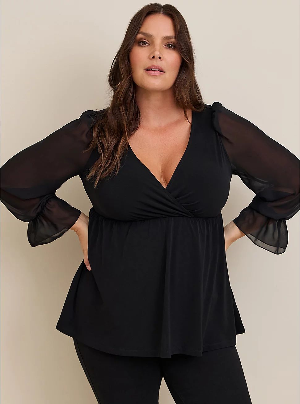 Babydoll Studio Knit Chiffon Sleeves Surplice Top | Torrid (US & Canada)