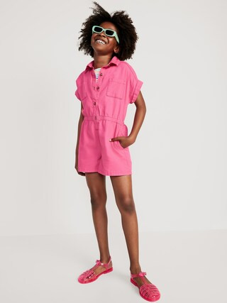 Short-Sleeve Cinched-Waist Twill Utility Romper for Girls | Old Navy (US)