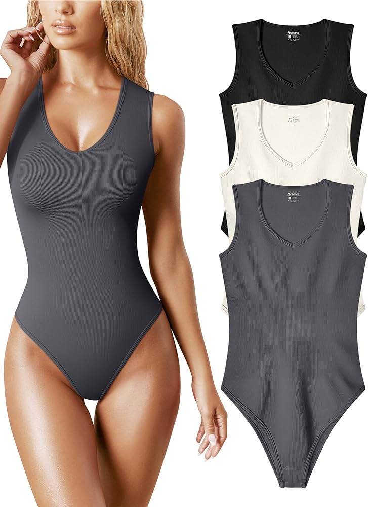 OQQ Women's 3 Piece Bodysuits Sexy Ribbed V Neck Sleeveless Tank Tops Bodysuits | Amazon (US)
