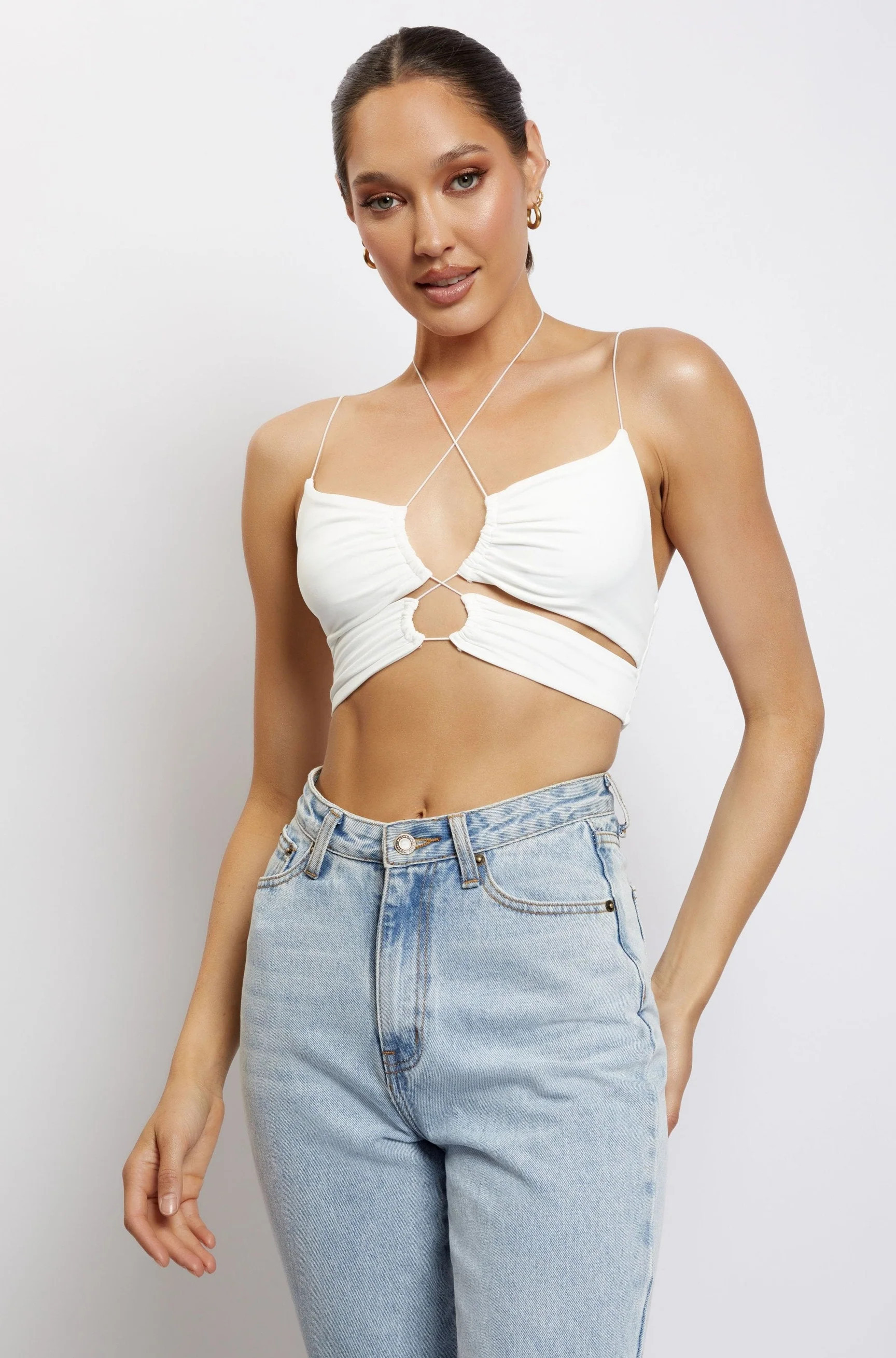 Phoenix Cut Out Ruched Crop Top - White | MESHKI US