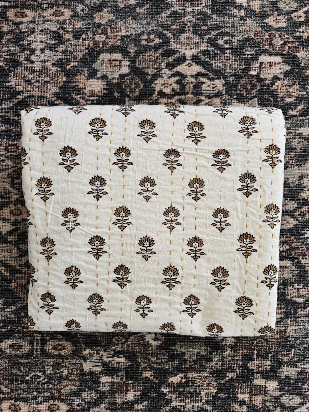 White Kantha Quilt with Floral Block Print Motifs/Handmade Cotton Comforter/Kantha quilt Queen/Ka... | Etsy (US)