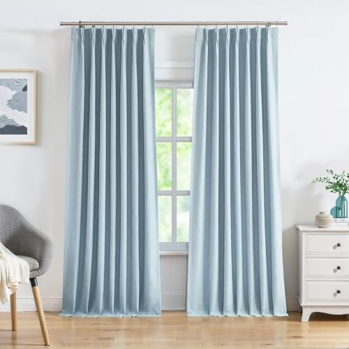 Dusty Blue Pinch Pleated Full Blackout Curtains Linen Texture Noise Reducing Window Treatment Pan... | Amazon (US)