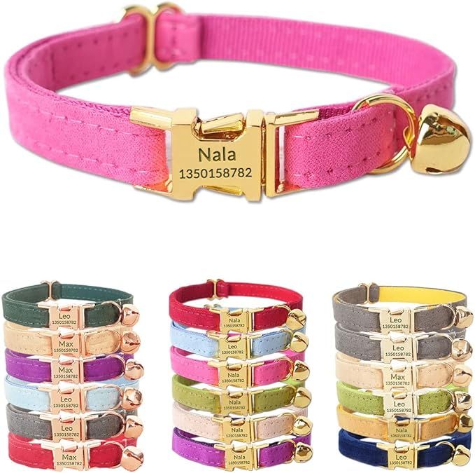 PETDURO Personalized Velvet Cat Collars with Bell and Engraved Metal Buckle for Girls and Boys - ... | Amazon (US)