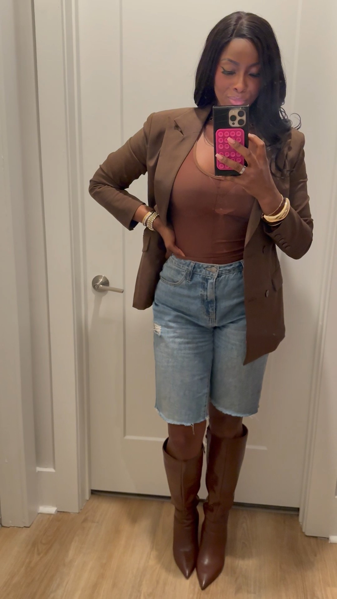 Friendsgiving outfit 
 fashion nova snatched blazer -small
Sheer mesh tank -small
Boots-9 fits a little big  even with socks go down half a size
I cut reg wide leg jeans into jorts


#LTKTall #LTKGiftGuide #LTKgrwm