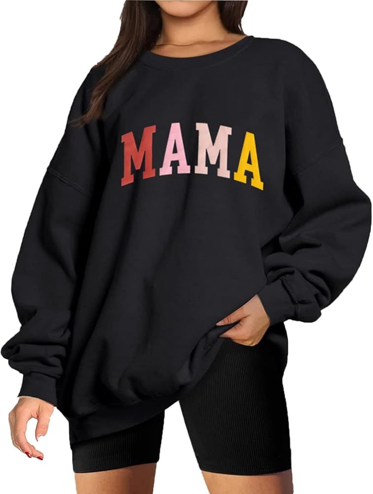 BOUTIKOME Mama Sweatshirt Women Funny Letter Print Mom Life Long Sleeve Crewneck Pullover Shirt B... | Amazon (US)