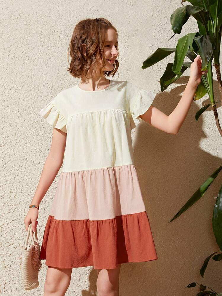 SHEIN Teen Girls Color Block Flounce Hem Smock Dress | SHEIN