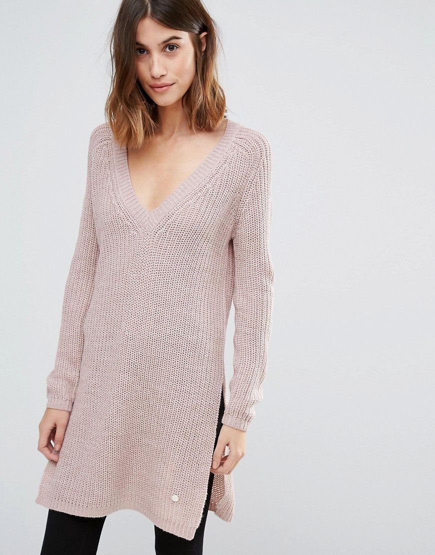 Only Deep V Neck Long Knit Sweater with Side Split - Pink | ASOS US