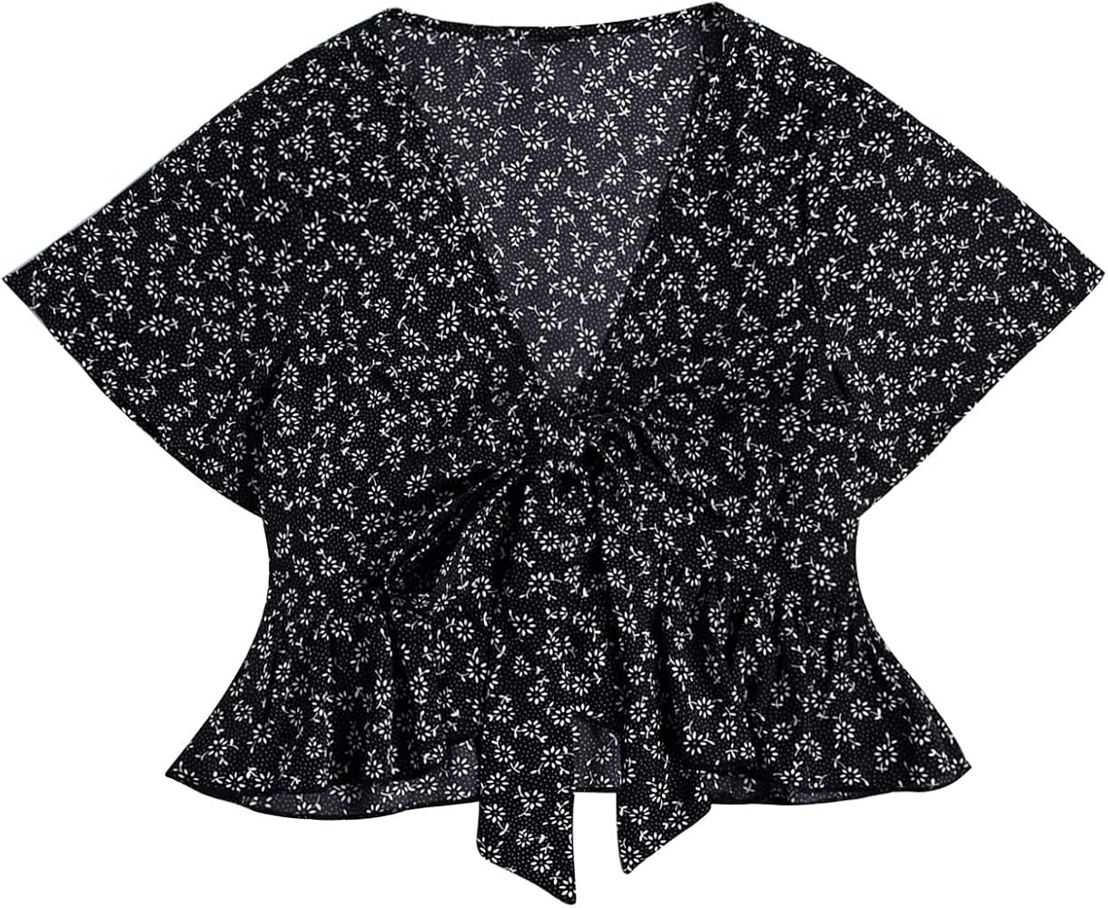 SheIn Women's Floral Tie Front Blouse Short Sleeve Ruffle V Neck Crop Top | Amazon (CA)
