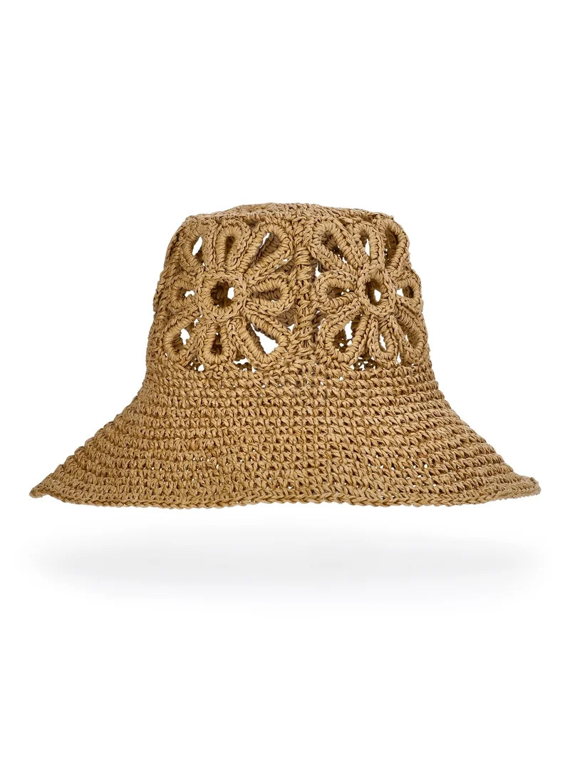 No Boundaries Floral Straw Bucket Hat, Women's, Natural | Walmart (US)