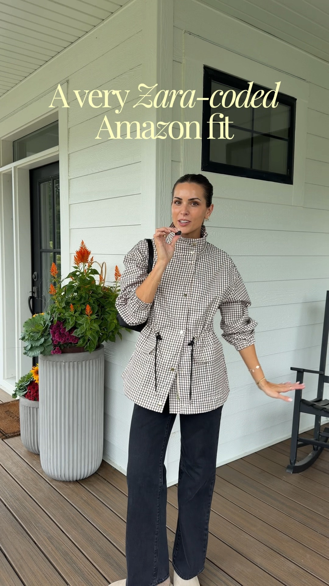 OOTD 🍁☁️
Amazon plaid jacket: true to size, I sized up 1 to a M but prob would’ve been good w/ a S! 
Jeans: true to size (26) 
Clogs: size down if between 

Amazon fashion finds for fall 2026 / Zara look for less / funnel neck jacket

#LTKSaleAlert #LTKSeasonal #LTKootd