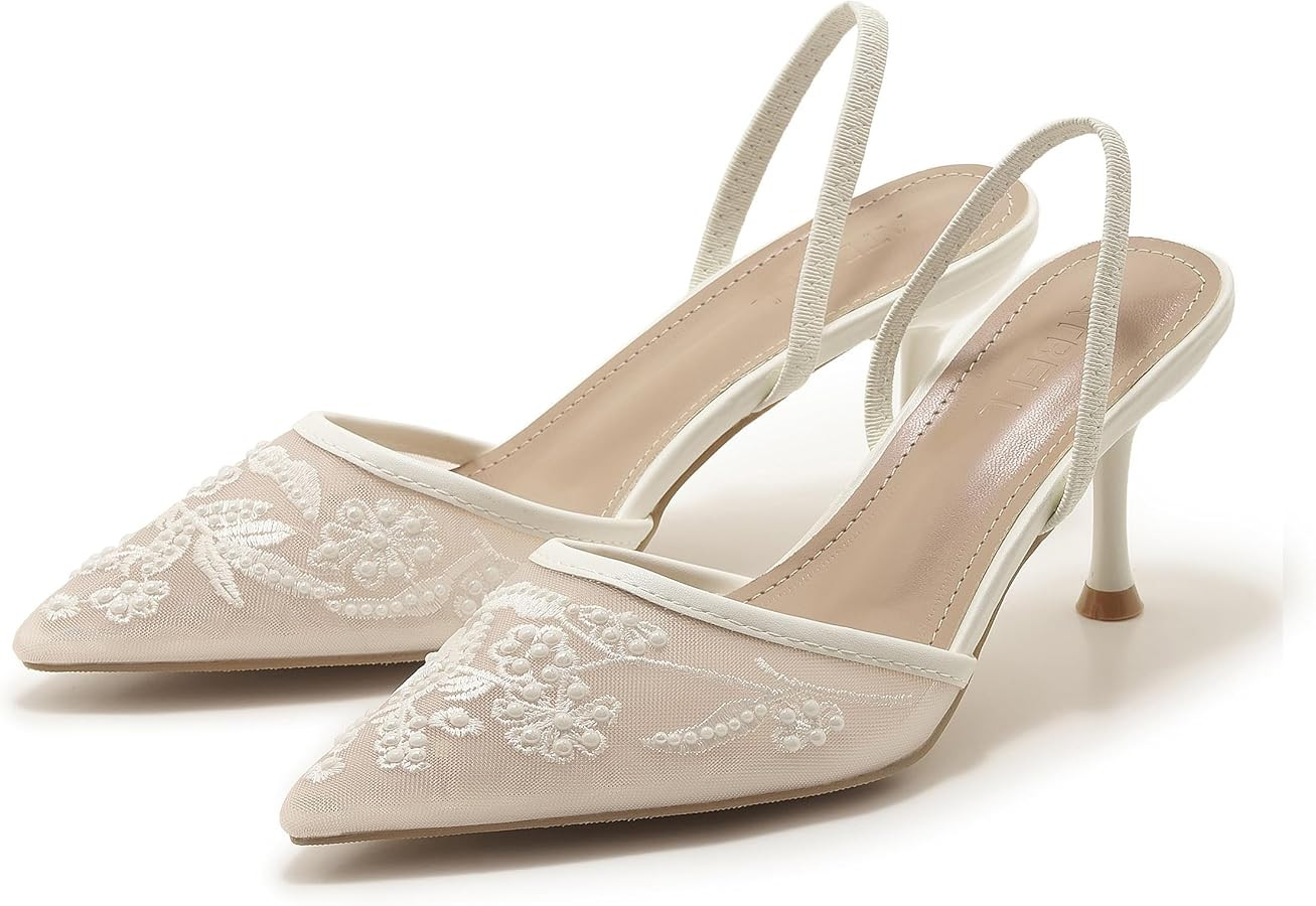 Embroidered Mesh Slingback Heels for Women White Pearl Kitten Heel Pumps Pointed Toe Backless Wed... | Amazon (US)