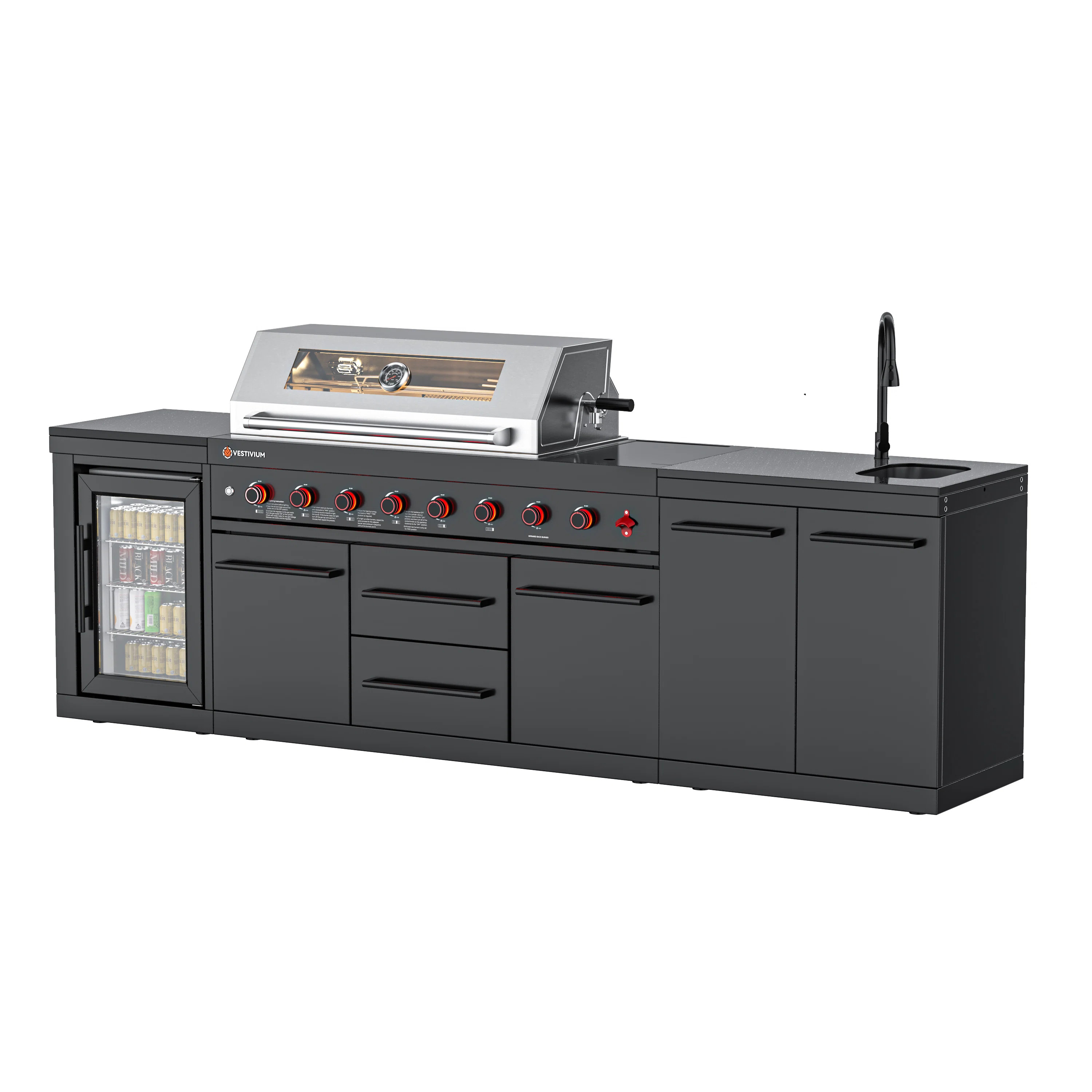 VESTIVIUM 3-Piece Modular Outdoor Kitchen Island Set with 6-Burner 304 Stainless Steel Gas Grill, 2.4 Cu. Ft. Outdoor Refrigerator, Sink & Black Galaxy Marble Countertop | Wayfair North America