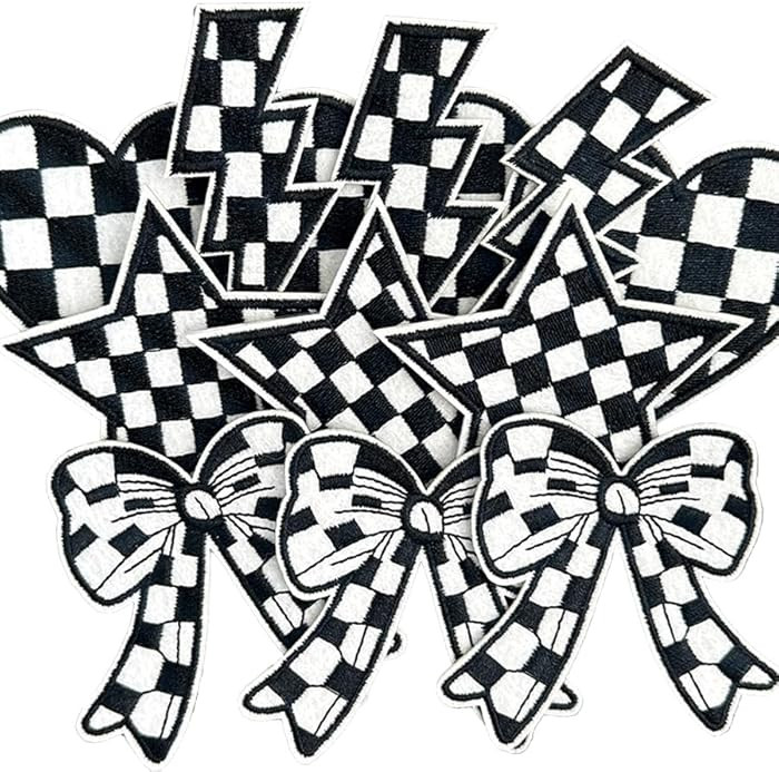 12Pcs Black and White Checkered Iron on Classic Racing Heart Star Lightning Iron on Embroidery Pa... | Amazon (US)