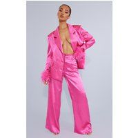 Petite Hot Pink Oversized Satin Feather Cuff Detail Suit Pant | PrettyLittleThing US