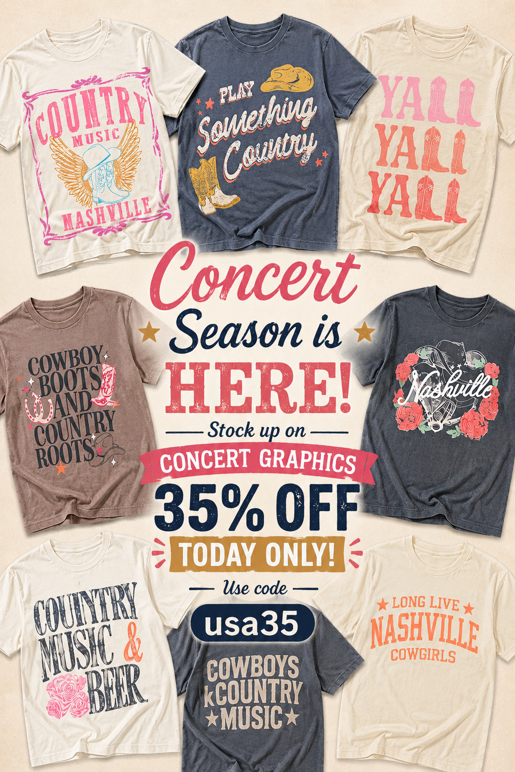Officially entering my country concert era 🤠🎶✨

If you’ve got concerts, festivals, Nashville trips, summer fairs, or girls nights on the calendar… these graphic tees are SO cute and on major sale today 👏🏻

Boots + denim shorts + one of these tees = the easiest outfit ever 🙋‍♀️

🎤 ALL concert graphics are 35% OFF TODAY ONLY
Use code: usa35

I tagged all of my favorite graphics below so you can shop them before the best ones sell out 🤎✨
