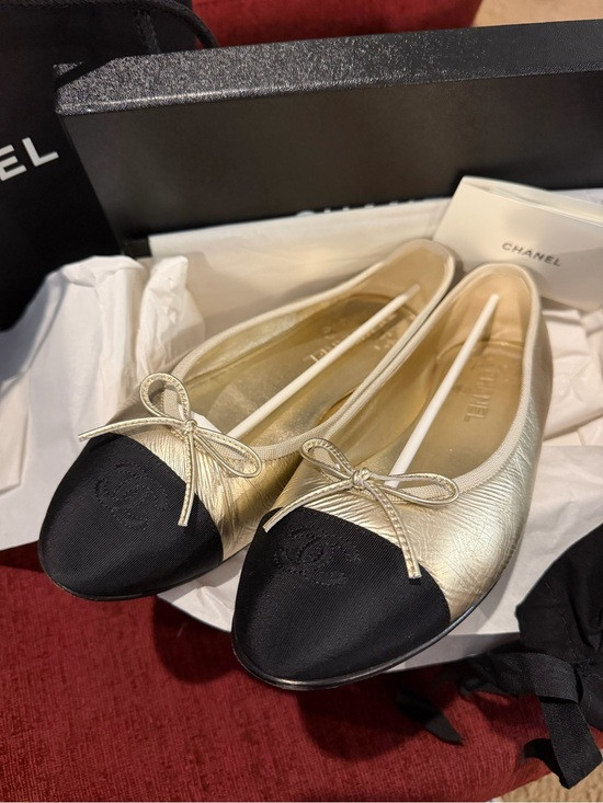 CHANEL Gold Leather Ballet Flats with Black Cap Toe Winter 2025 Season | Poshmark