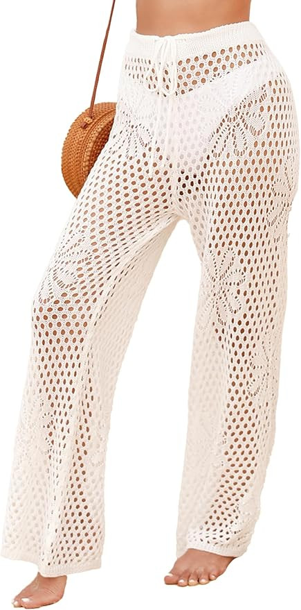 FEOYA Women’s Crochet Swimsuit Cover Up Pants Knitted Sheer High Waist Pants with Drawstring | Amazon (US)