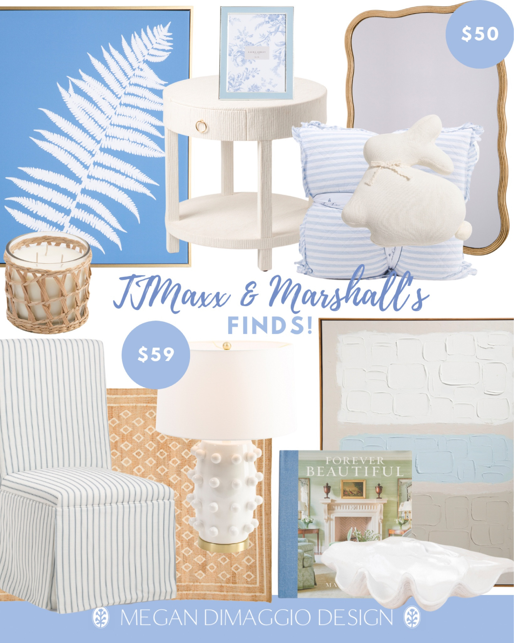 Coastal season is slowing creeping back into HomeGoods, TJMaxx & Marshalls!! 🙌🏻🌊 Shop my picks for the best deals on classic coastal blue and white home decor, furniture, art and lighting! 🤍

This blue & white striped parsons style dining chair just restocked, so did this white linden table lamp dupe and it’s UNDER $60!! And so many Serena & Lily grasscloth look for less tables!! And found this brass scallop mirror on clearance now just $50 🤯

#LTKSaleAlert #LTKHome #LTKFindsUnder100