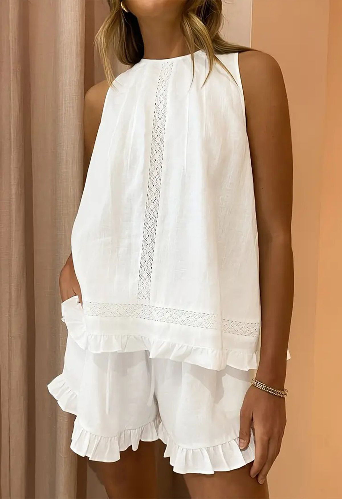 Lace Insert Ruffled Hem Sleeveless Top and Shorts Set for Beach Vacations & Garden Gatherings | Chicwish