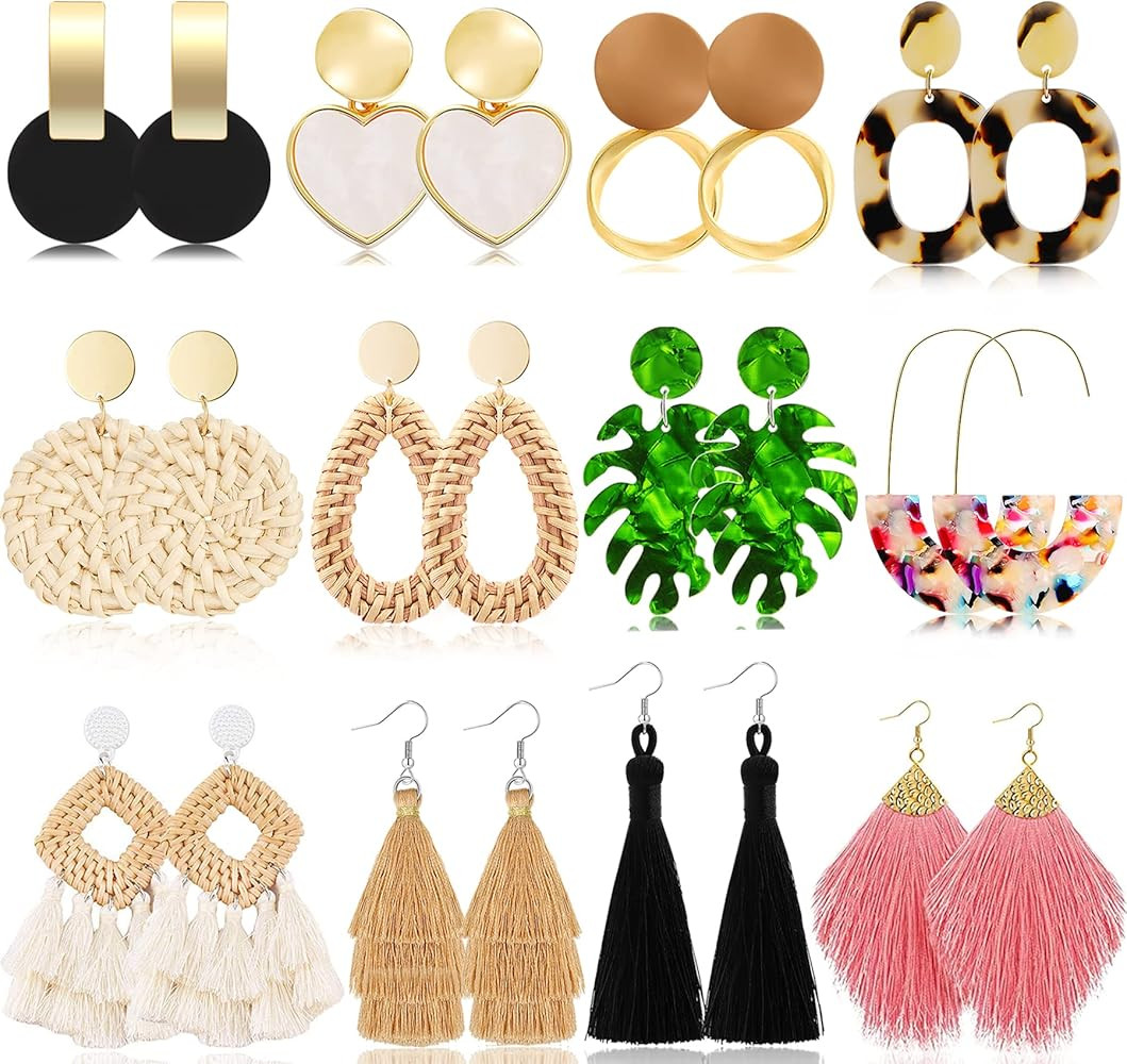 12 Pairs Tassel Earrings for Women Girls Acrylic Rattan Earrings Statement Geometric Bohemian Hoo... | Amazon (US)