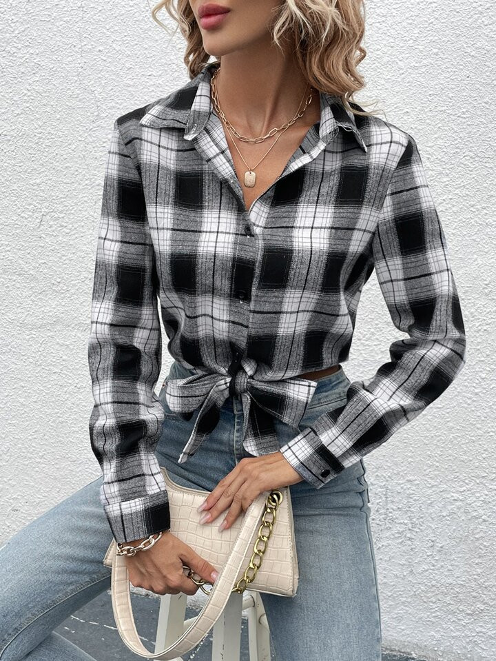 SHEIN LUNE Plaid Print Button Front Shirt | SHEIN