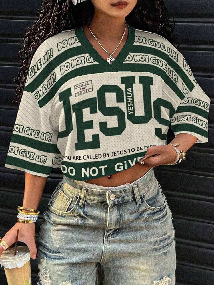 Slaydiva 2025summer Tops/Y2k Clothes/Streetwear/Back To School/Casual Tops Women/Jersey Shirt/V-Neck Loose Shirt/PrintedSleeve Mesh T-Shirt For Women/Graphic Tees/Jesus Printed/Going Out Tops Women Chic | SHEIN