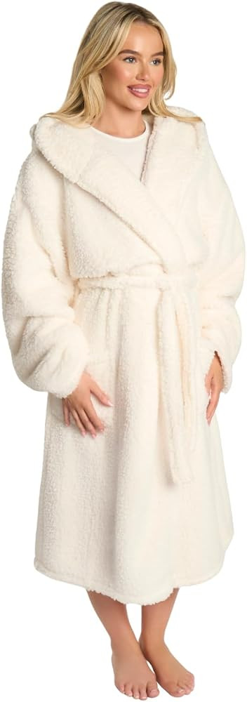 OHS Womens Dressing Gowns Teddy Fleece, Warm Cosy Fluffy Dressing Gown Bathrobes Women Hooded Lux... | Amazon (UK)