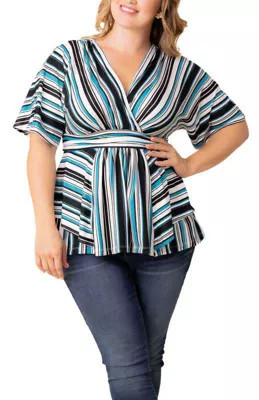 KIYONNA Women's Plus Size Boulevard V-Neck Stripe Top, Teal, 3XL | Belk