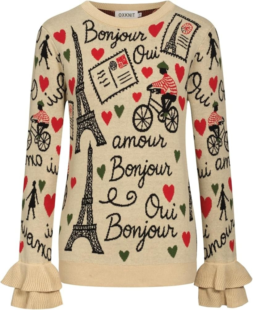 OXKnit Knit Long Sleeves Sweaters for Women, Retro Paris Theme Crewneck Ruffled Design Cotton Kha... | Amazon (US)