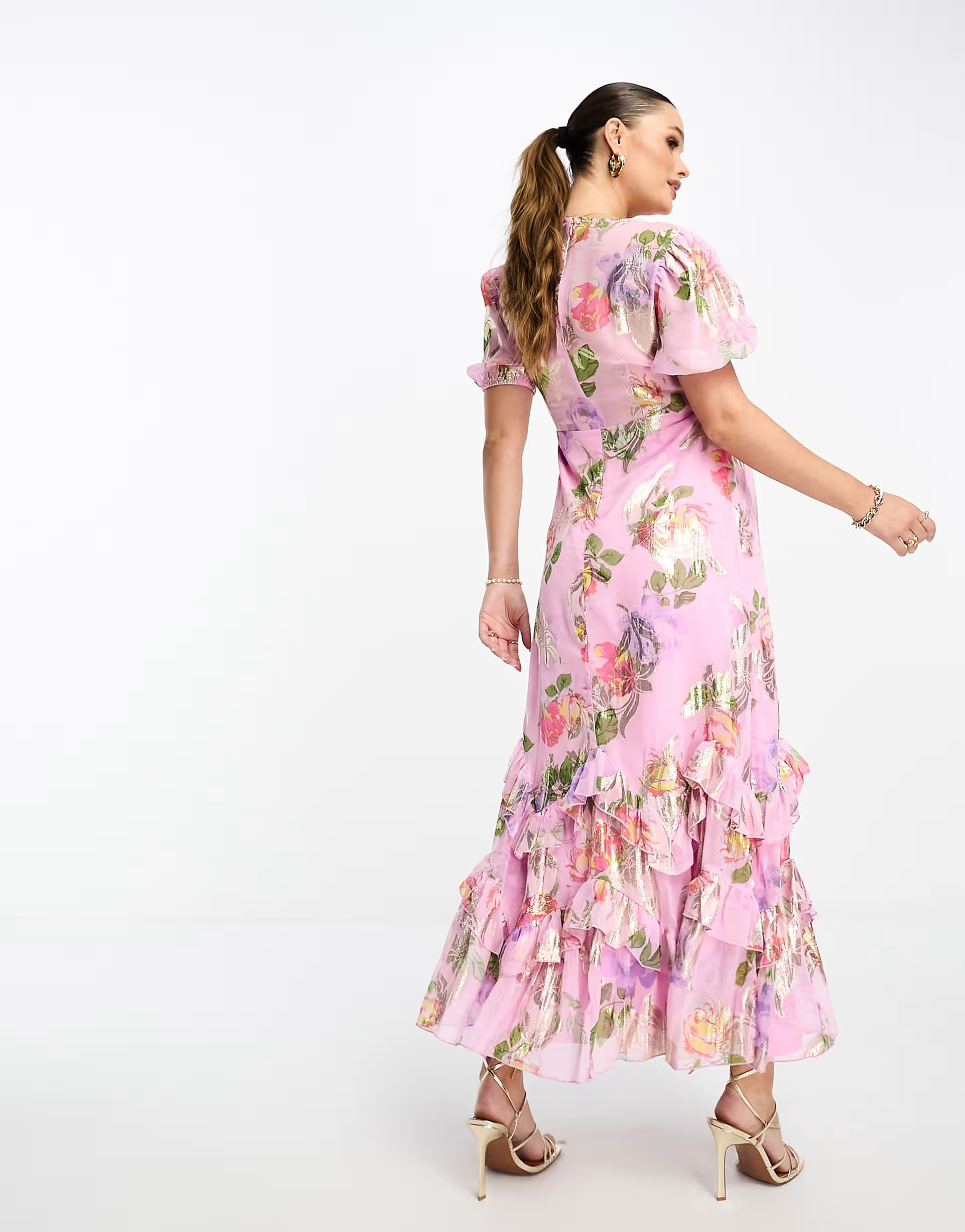 ASOS DESIGN Maternity ruffle frill hem maxi dress in pink lurex rose print | ASOS (Global)