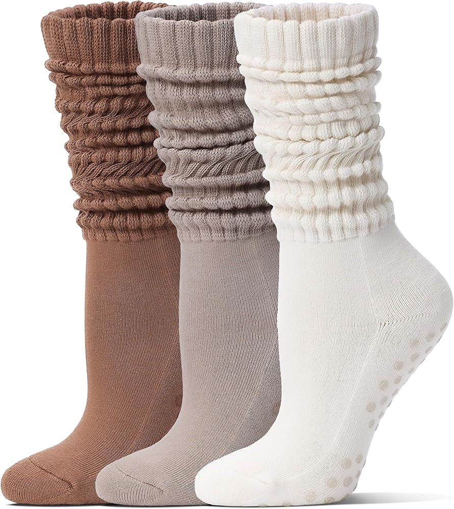 Pilates Socks with Grips for Women Long Slouch Non-Slip Yoga Barre Cushioned Workout Scrunch Sock... | Amazon (US)